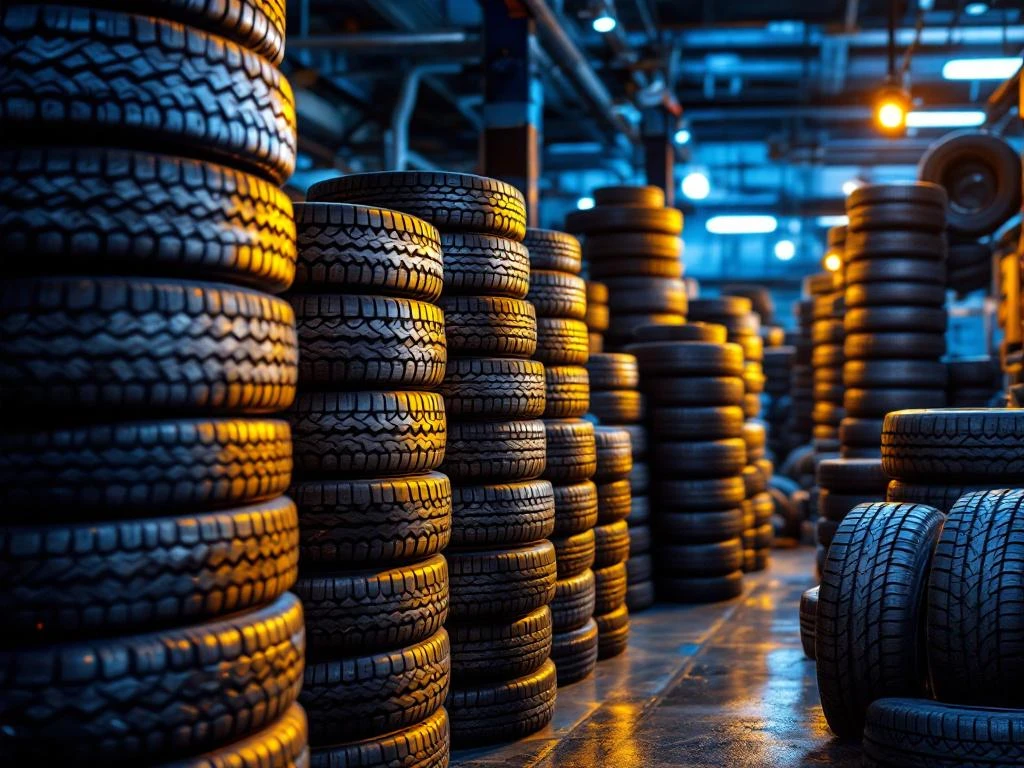 Autonrenkaita pinottu korkeaan kasaan rengasliikkeen työpajassa, erikokoisia renkaita kompaktista kuorma-autoon